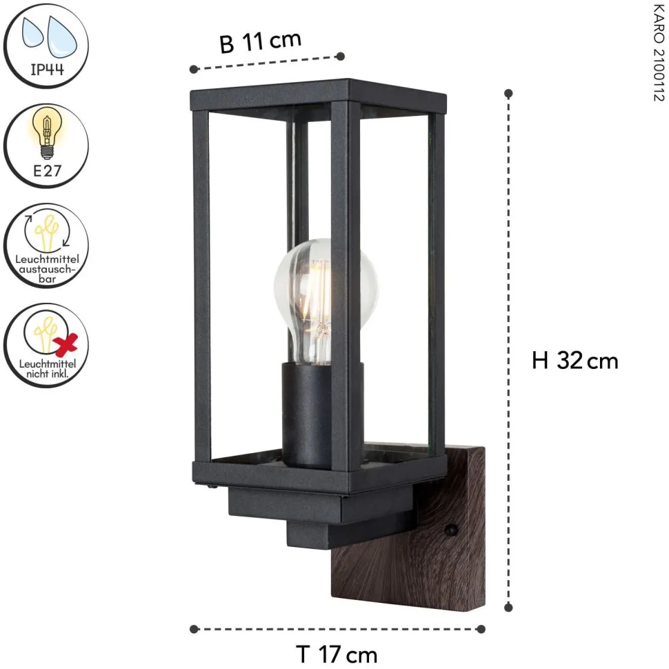 Wandleuchte Vintage Schwarz Holz H:32 cm IP44 E27