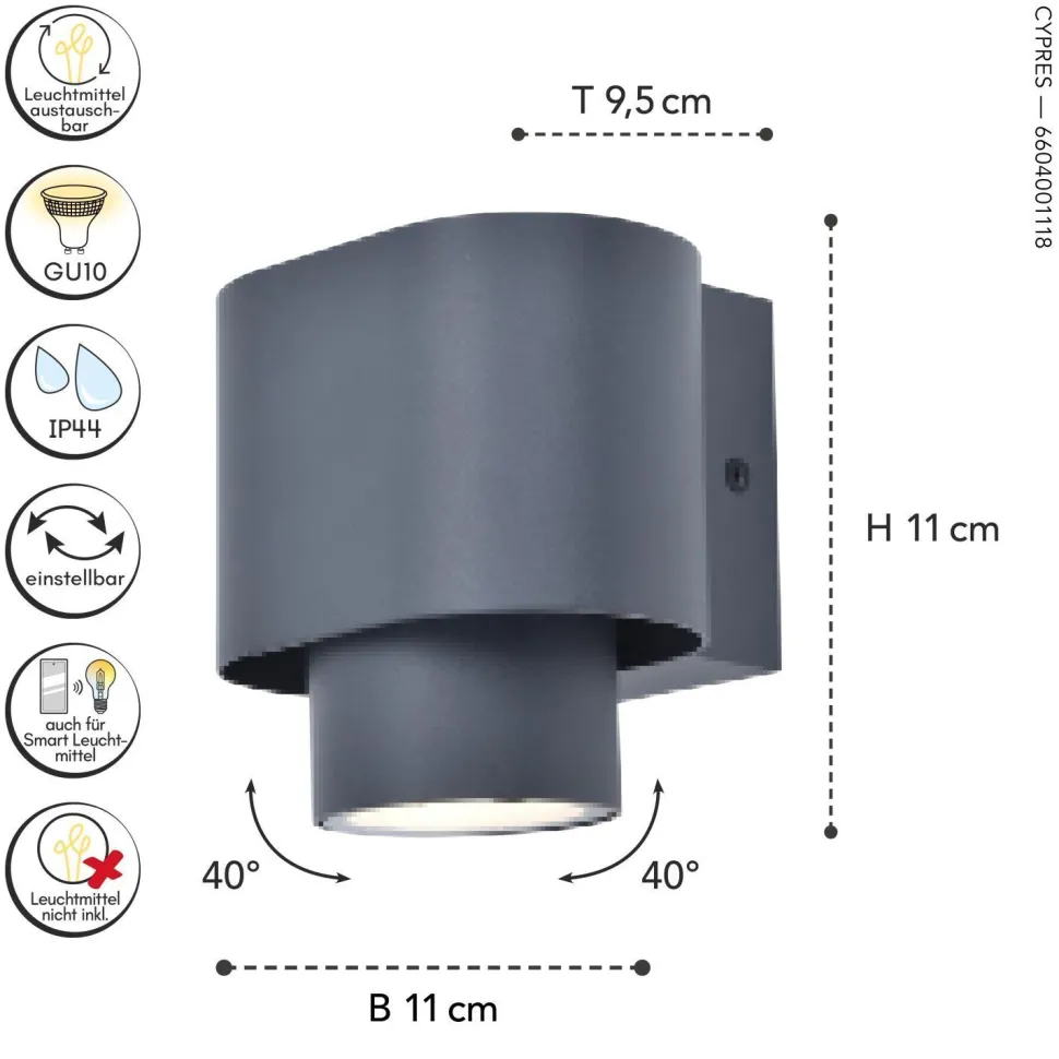 Wandspot Anthrazit Aluminium H:10 cm IP44 GU10 flexibel