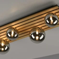 Wohnliche Deckenlampe Glaskugeln Holz G9 80 cm Natur