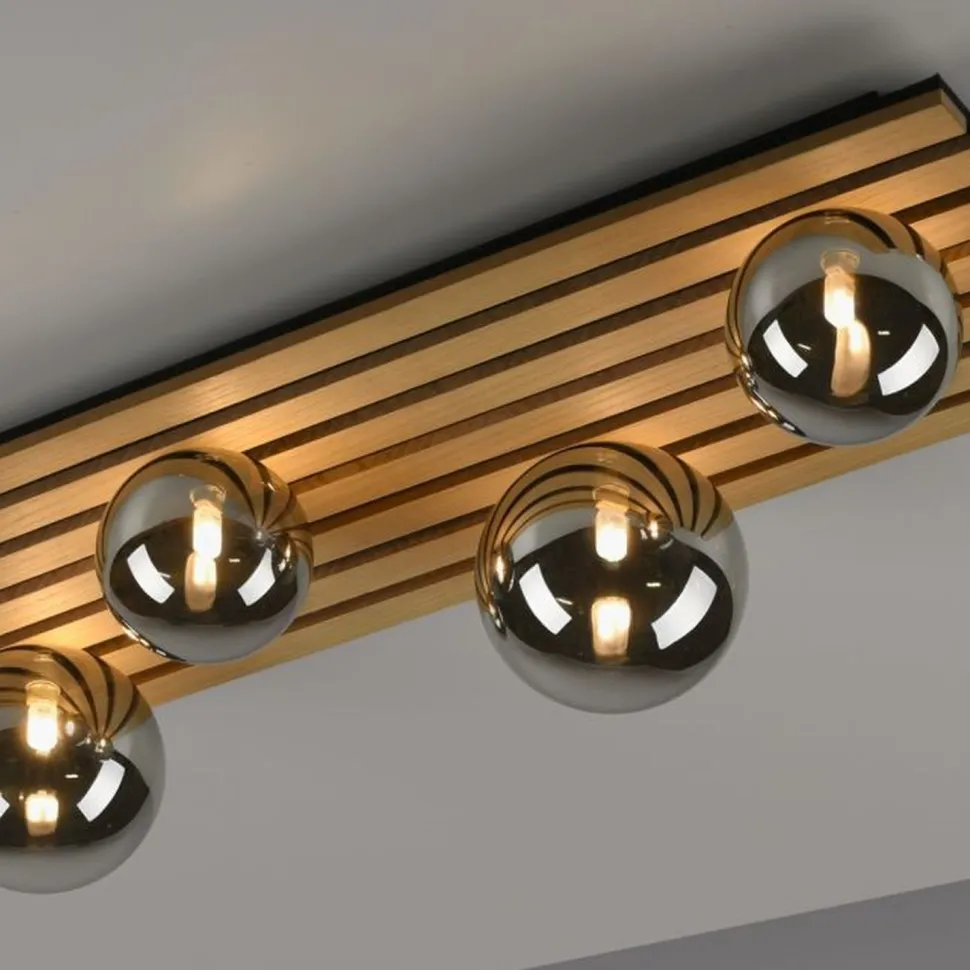 Wohnliche Deckenlampe Glaskugeln Holz G9 80 cm Natur