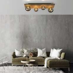 Wohnliche Deckenlampe Glaskugeln Holz G9 80 cm Natur